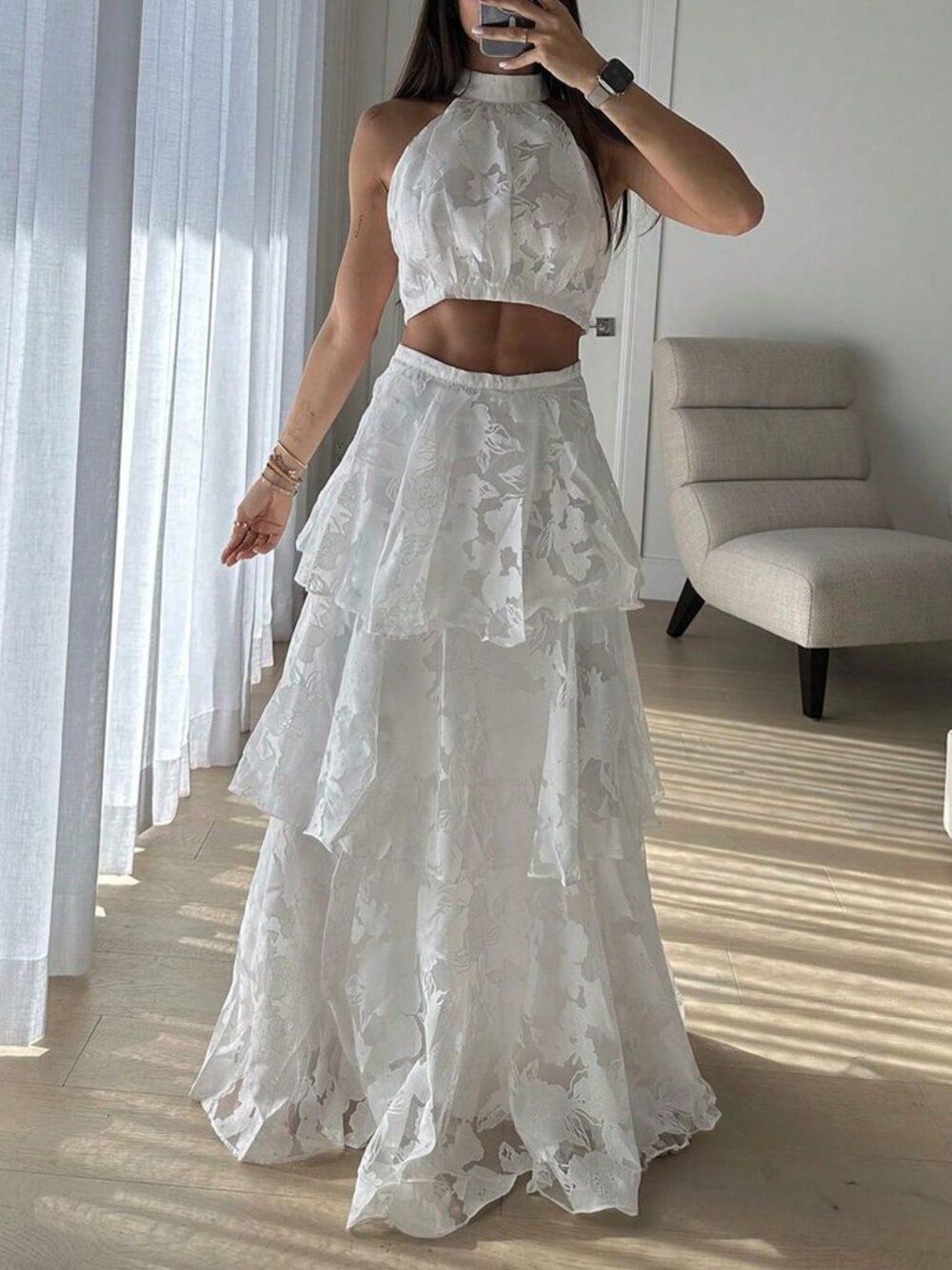 White Boho Women's Elegant Romantic Multilayer Cake Skirt Two Pieces - Picture 4 of 6